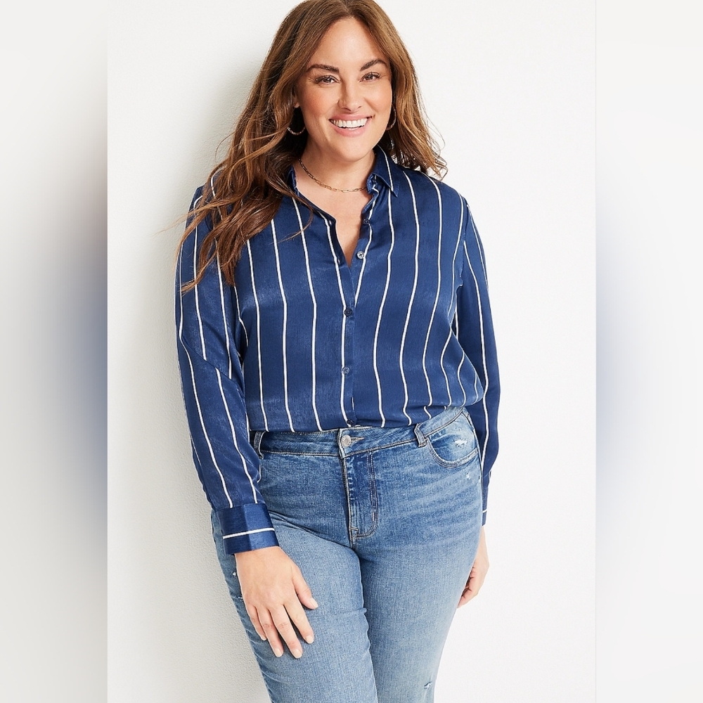 Plus Size Winona Striped Satin Button Down Blouse Size 2